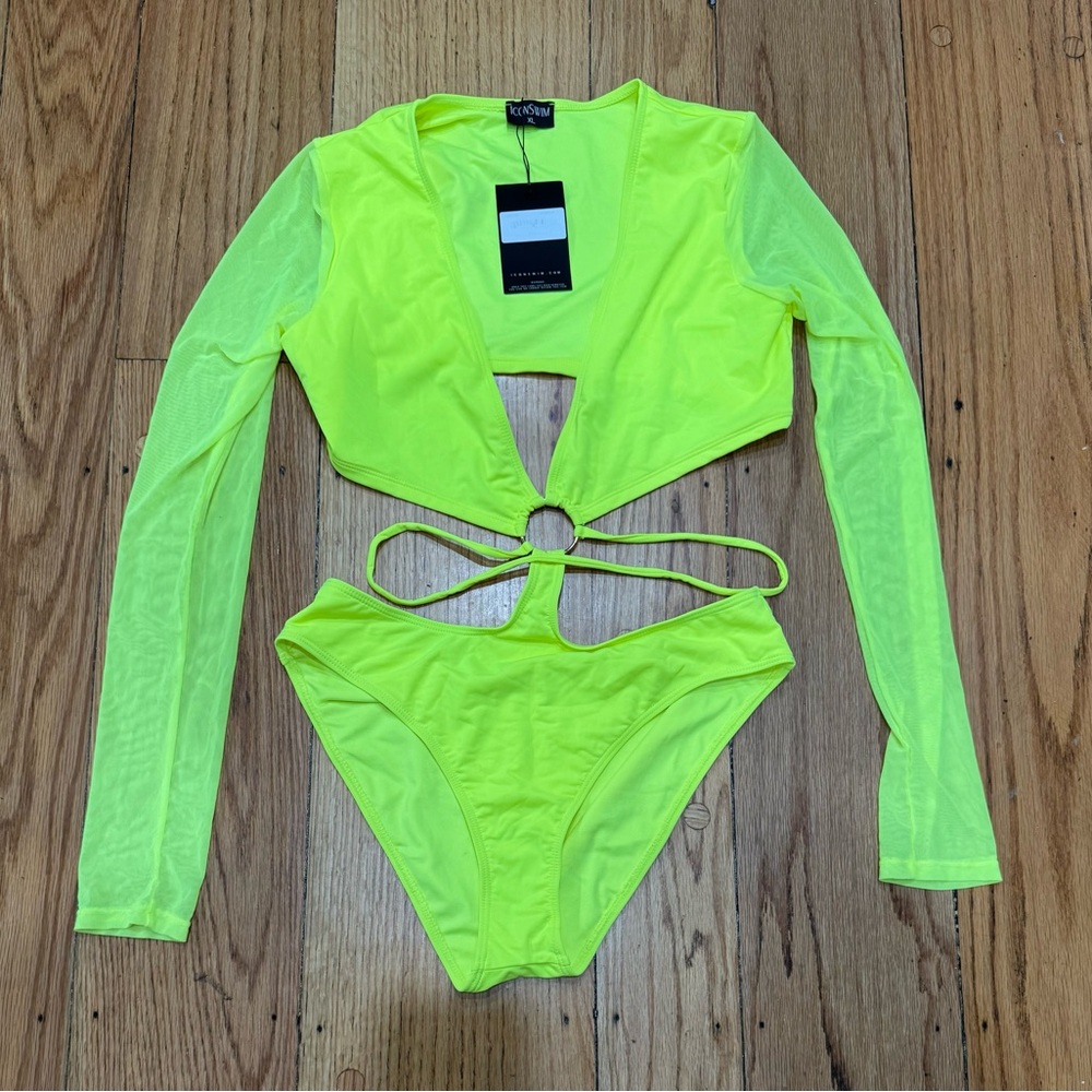 Icon Swim Neon Yellow One Piece Swimsuit | XL NWT High Cut Sexy Vacation Look - Picture 2 of 5